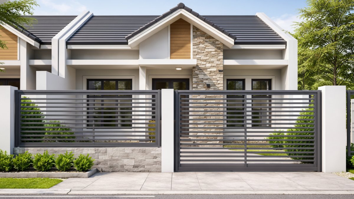 Pagar minimalis untuk rumah subsidi model garis horizontal.
