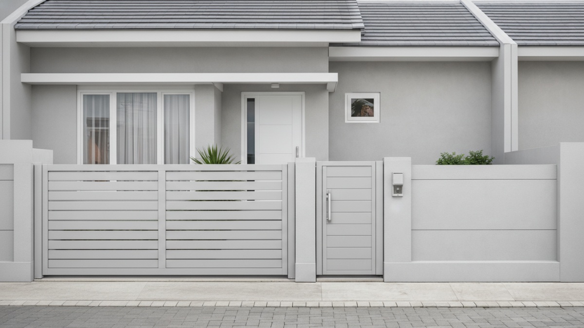 Pagar minimalis rumah subsidi dengan warna abu muda.