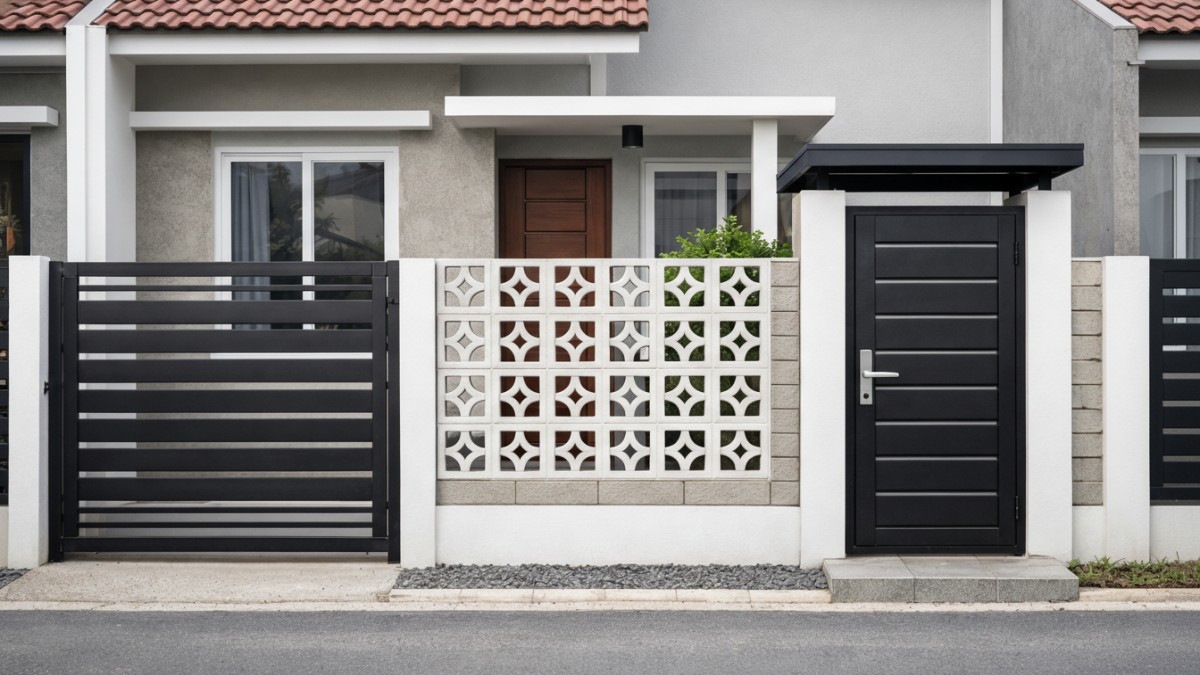 Desain pagar minimalis rumah subsidi dengan kombinasi besi hollow dan roster.
