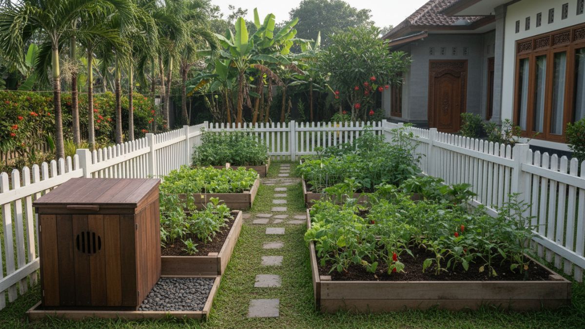 Kebun rumah organik tertata rapi dengan komposter tertutup dan pagar aman di lingkungan tropis.
