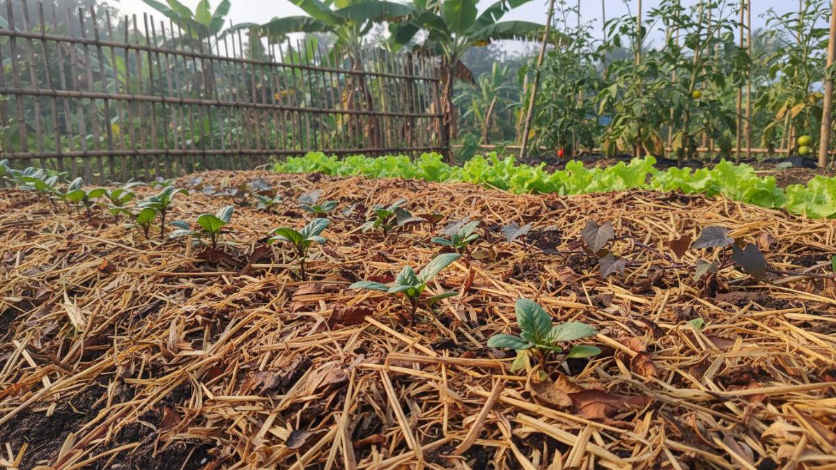 Contoh ketebalan mulsa ideal di bedeng sayuran organik.