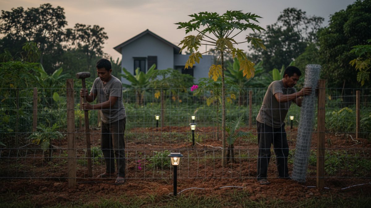 pemasangan pagar kawat dan lampu di kebun