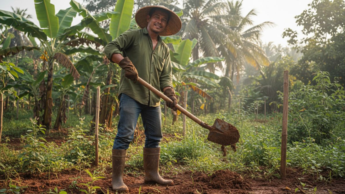 Pemilik kebun menggunakan sepatu boots dan sarung tangan saat berkebun.