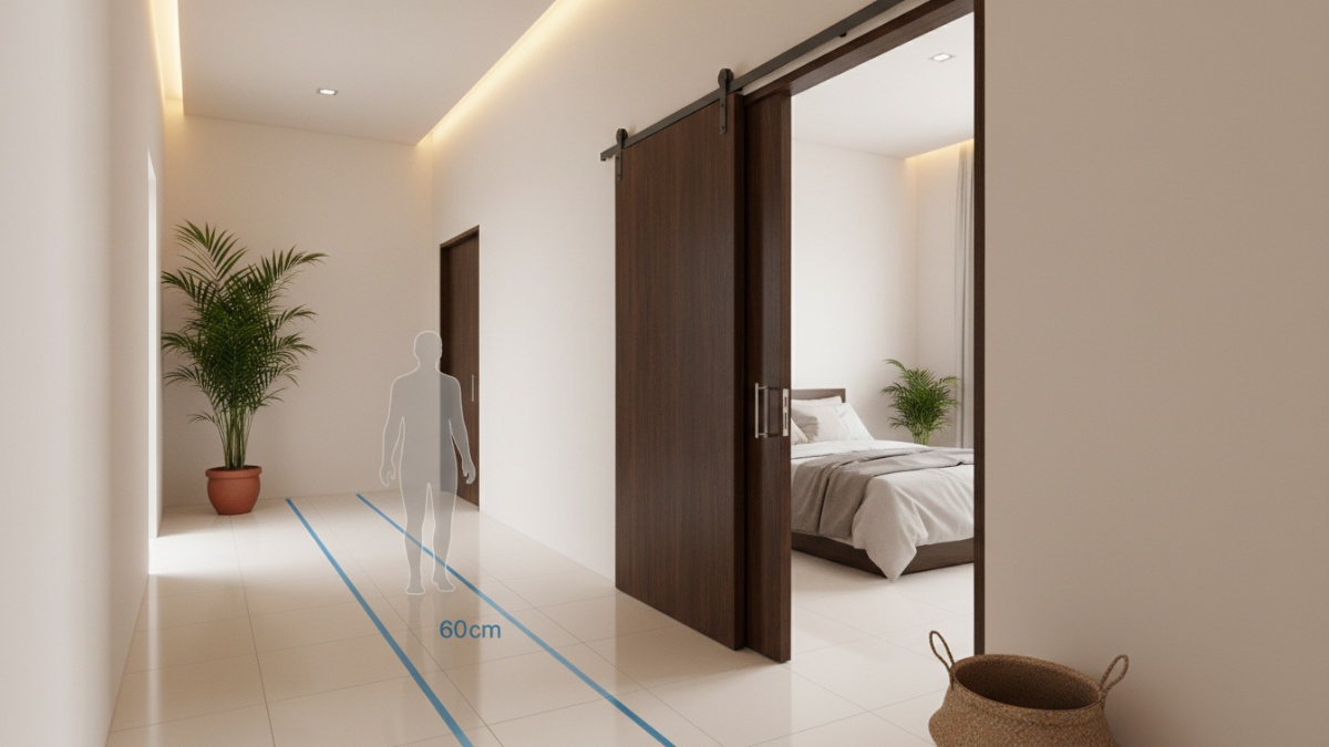 jarak sirkulasi 60 cm pada lorong rumah dan Pintu geser hemat ruang pada kamar tidur minimalis.