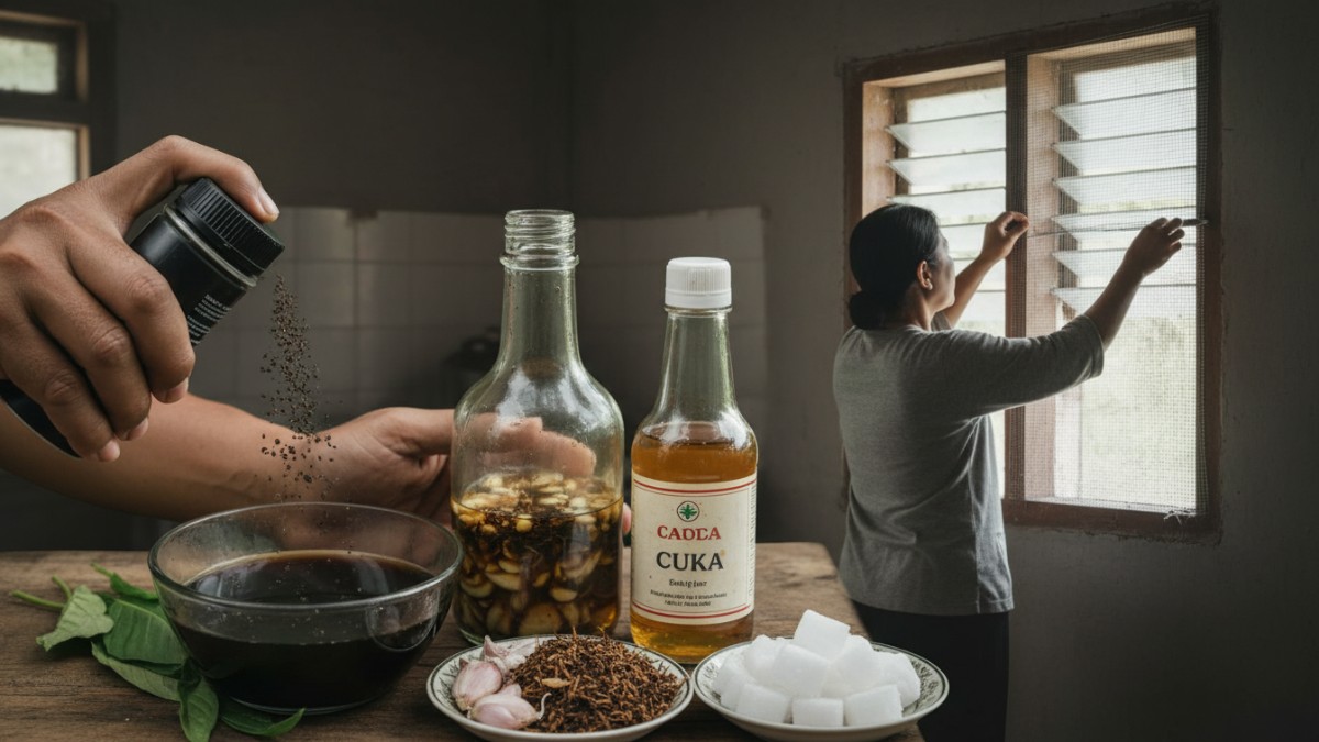 SEMPROT LADA HITAM,LARUTAN BAWANG PUTIH, CAMPUR KOPI DAN TEMBAKAU, CUKA DAPUR,KAPUR BARUS, Pemasangan kawat kasa aluminium pada ventilasi rumah.  