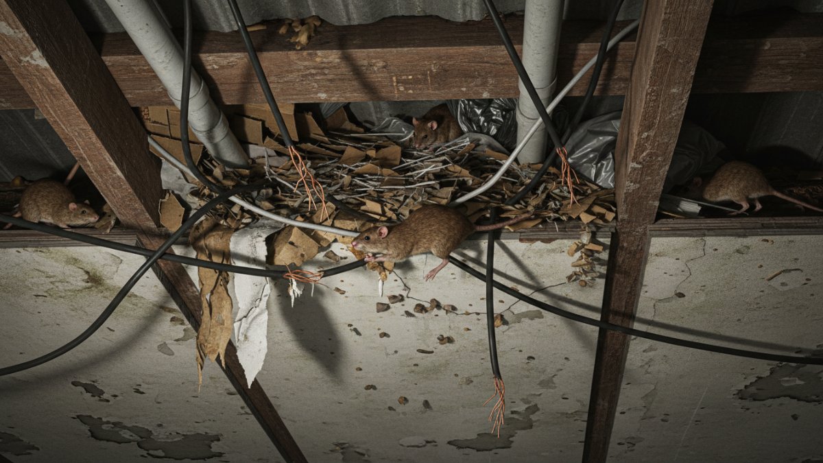 sarang tikus di atas plafon rumah dengan kabel listrik terlihat tergigit.