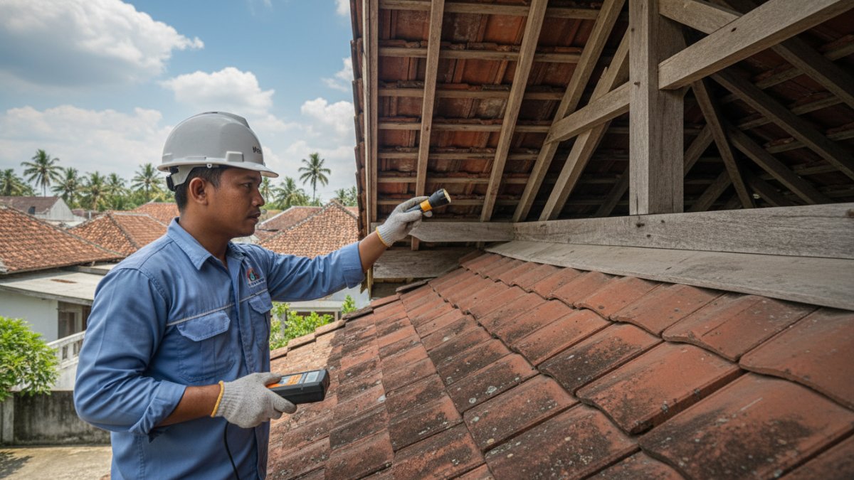 Teknisi pengendalian hama memeriksa struktur atap rumah.