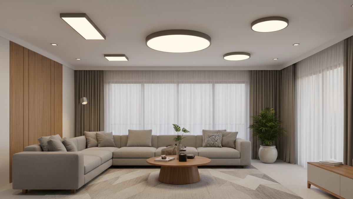 Model lampu plafon LED panel modern menerangi ruang tamu minimalis dengan cahaya merata.