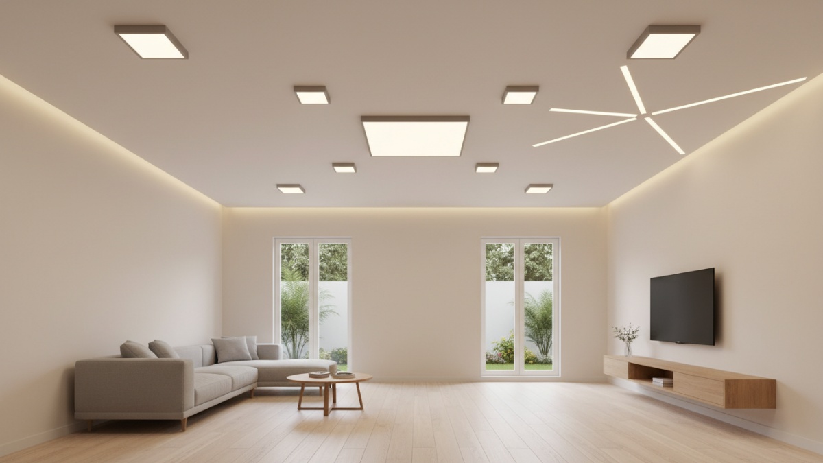 Contoh panel LED slim terpasang di plafon rumah tipe 60.