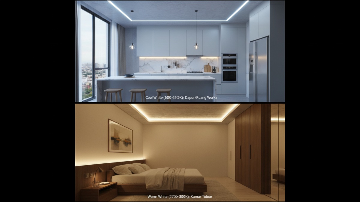 Perbandingan warna cahaya warm white dan cool white dalam satu ruangan.