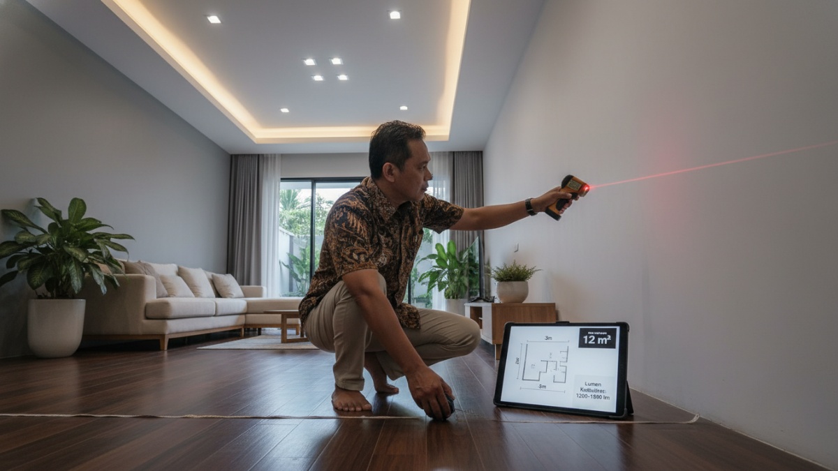 Ilustrasi teknisi mengukur lumen menggunakan lux meter.