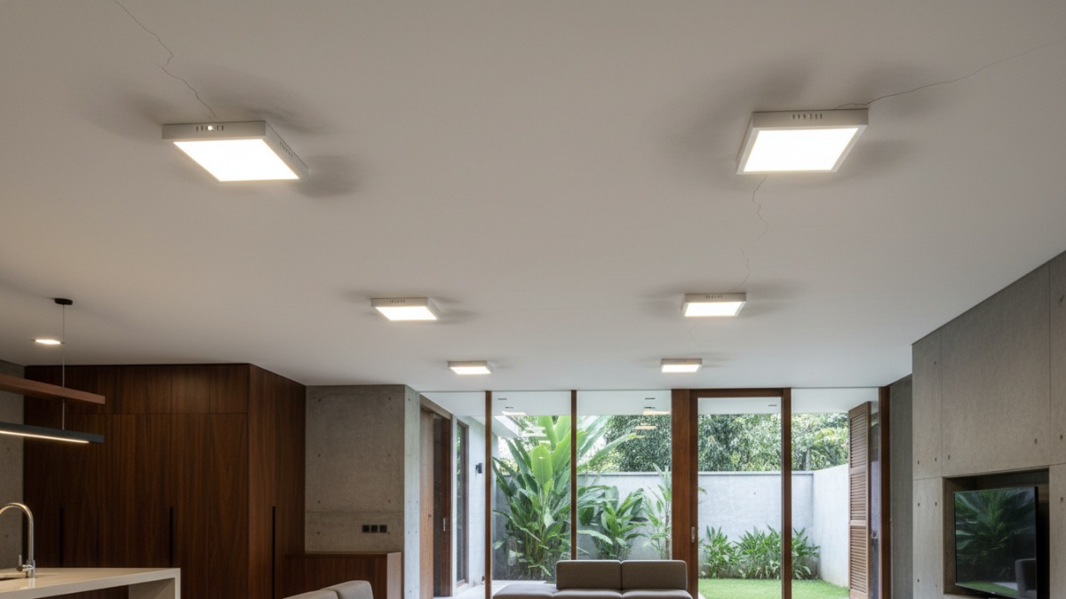 Instalasi downlight LED pada plafon gypsum dengan ventilasi.