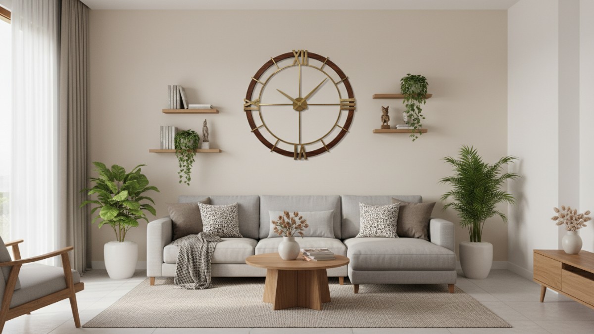 jam dinding aesthetic kayu diameter besar di ruang tamu minimalis modern.