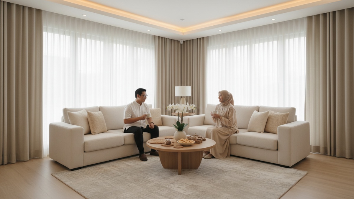 Ilustrasi ruang tamu bernuansa netral hangat siap menyambut tamu Lebaran. 