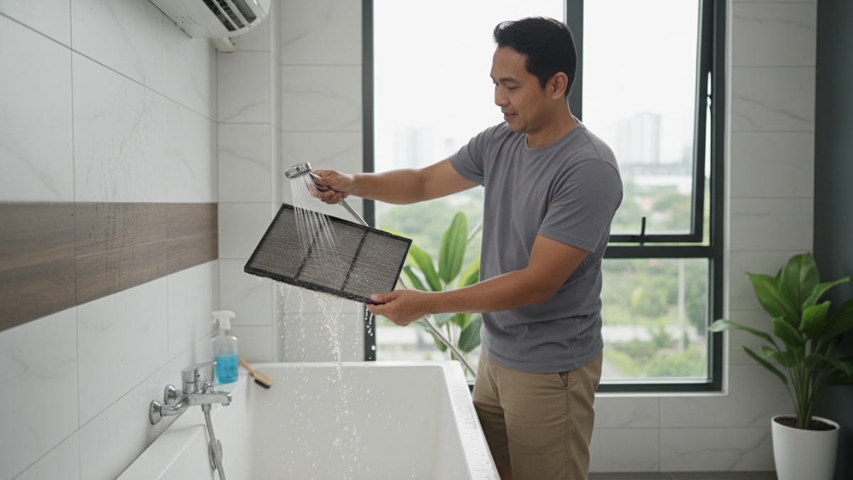 Ilustrasi membersihkan filter AC rumah dengan air mengalir agar performa kembali optimal. 