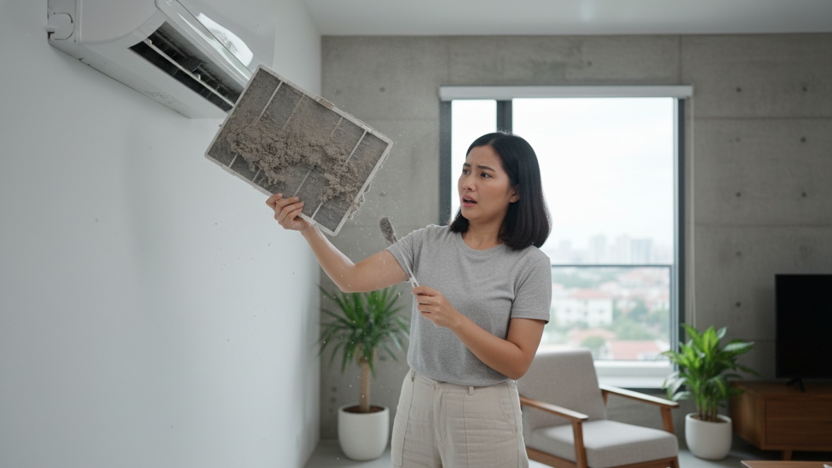 Filter AC penuh debu penyebab udara tidak maksimal. 