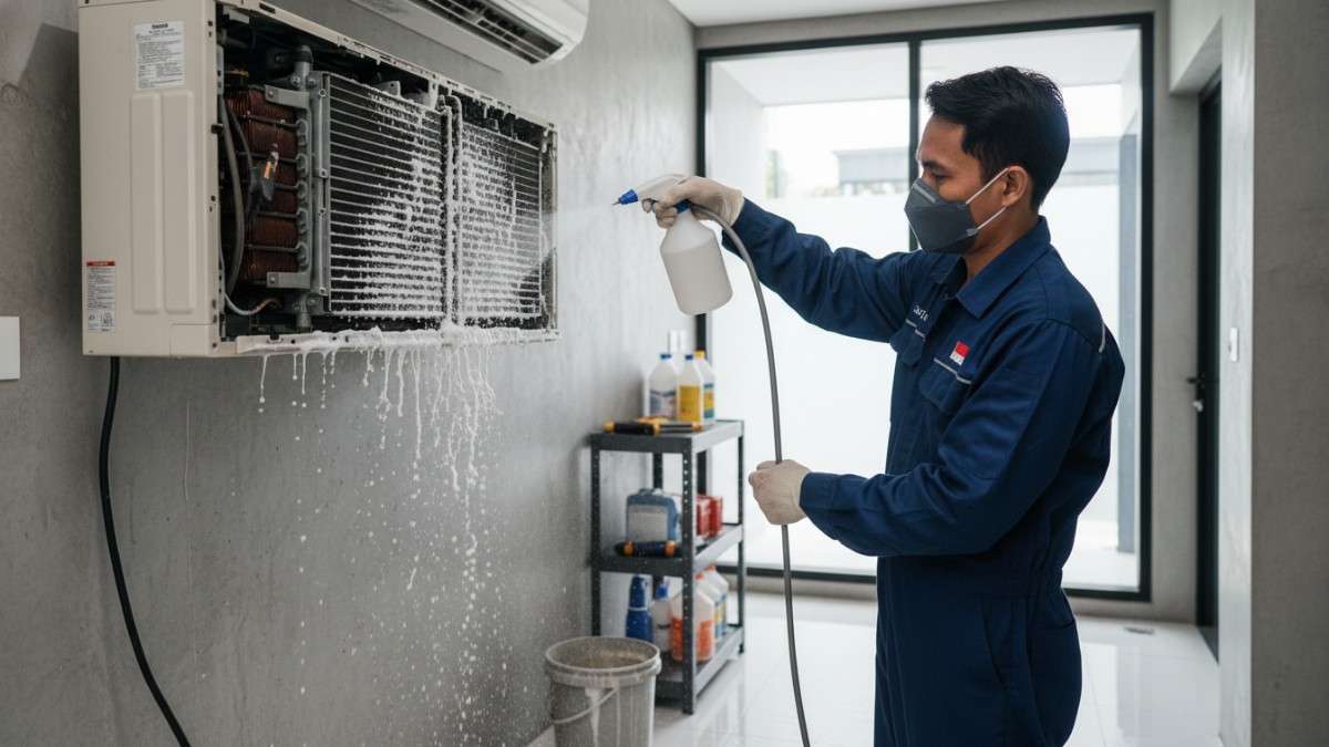 Proses penyemprotan evaporator dengan cairan khusus. 