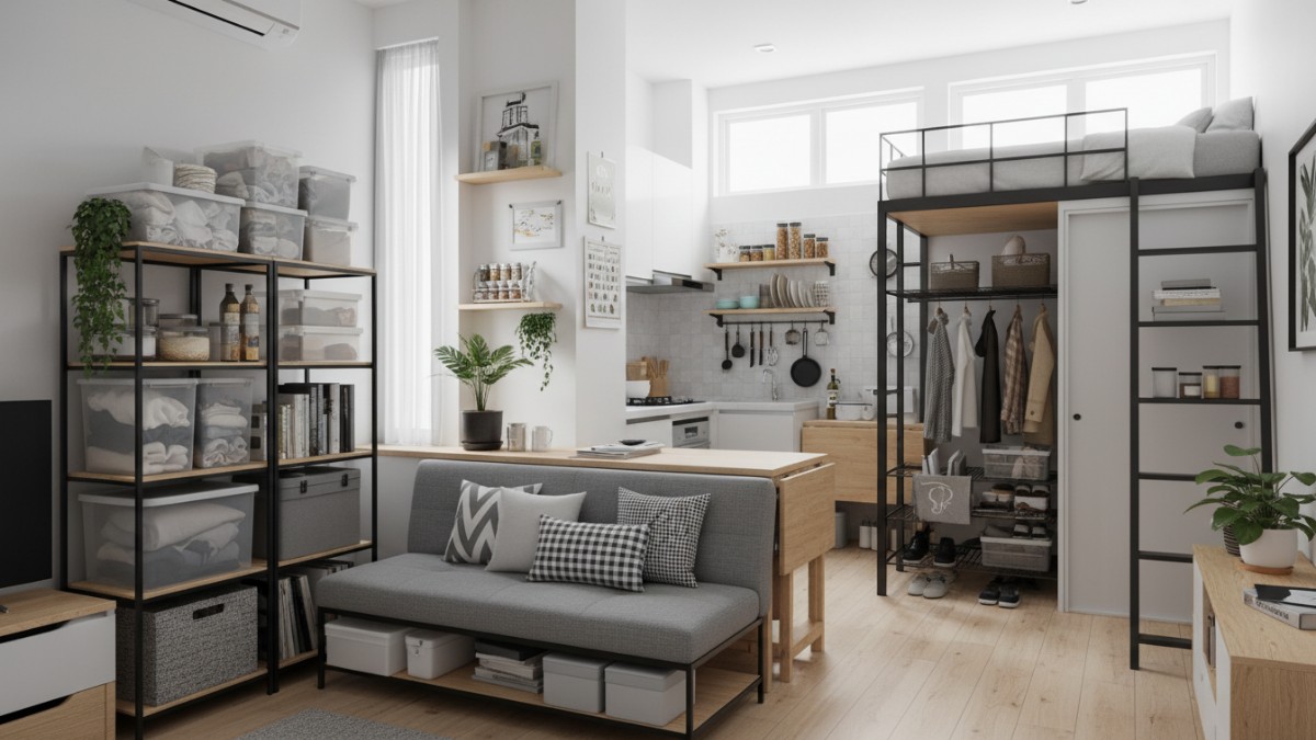 Rak besi susun empat tingkat di ruang dapur minimalis.