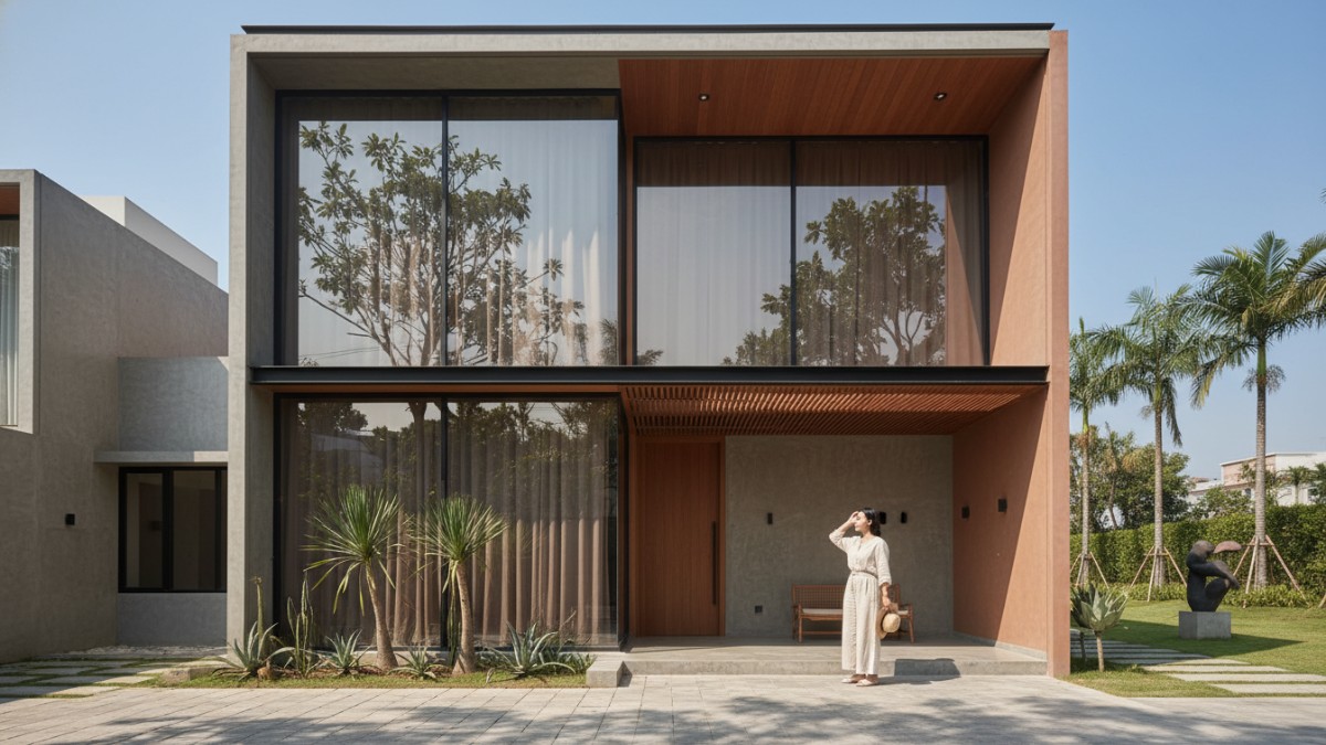 Fasad rumah modern dengan kaca reflektif penahan panas di bawah terik matahari. 
