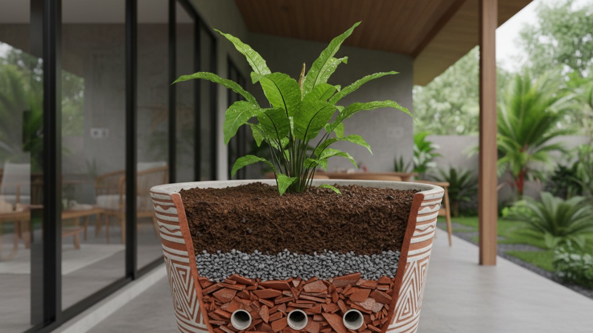 Ilustrasi lubang drainase dan lapisan kerikil di dasar pot.