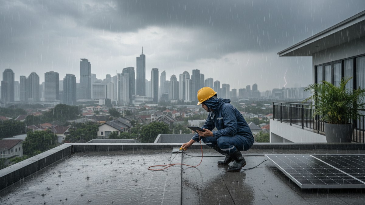 Ilustrasi teknisi memeriksa atap rumah saat musim hujan tropis dengan latar langit mendung. 