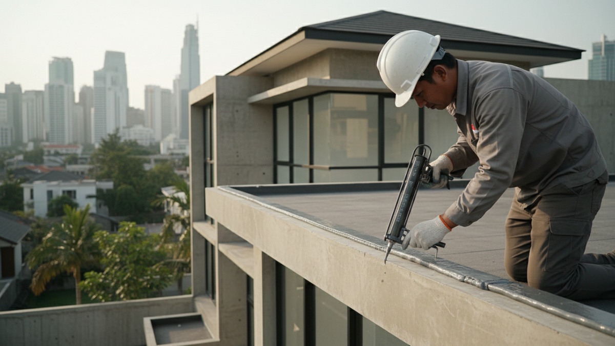 Proses aplikasi sealant fleksibel pada sambungan atap. 
