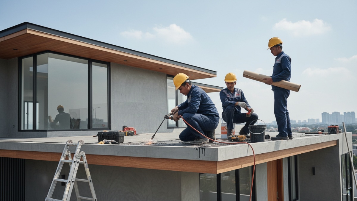 Tahapan teknis perbaikan atap bocor oleh pekerja profesional. 
