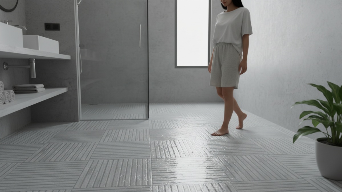 Ilustrasi lantai kamar mandi basah dengan tekstur anti-slip. 