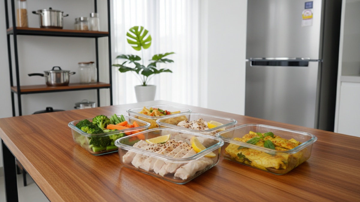 Meal prep ayam kukus dalam wadah penyimpanan.