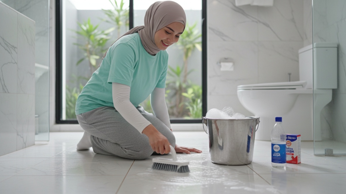 Proses membersihkan lantai dengan campuran cuka dan baking soda. 