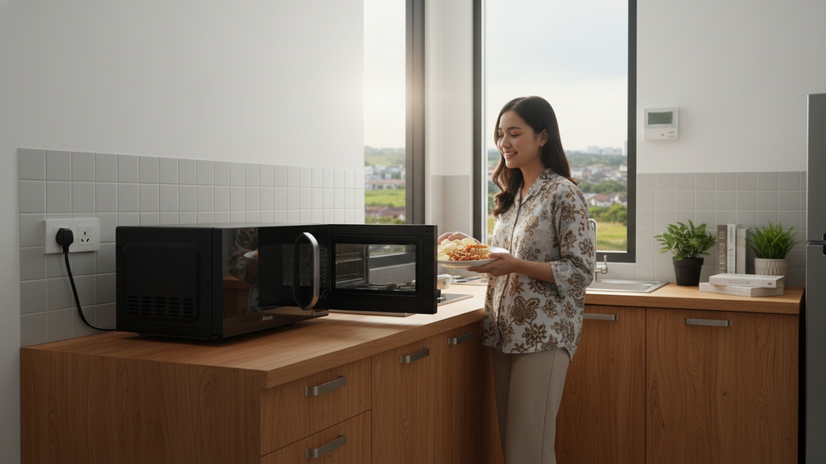 Ilustrasi memanaskan nasi dalam wadah kaca khusus microwave di dapur modern Balikpapan.
