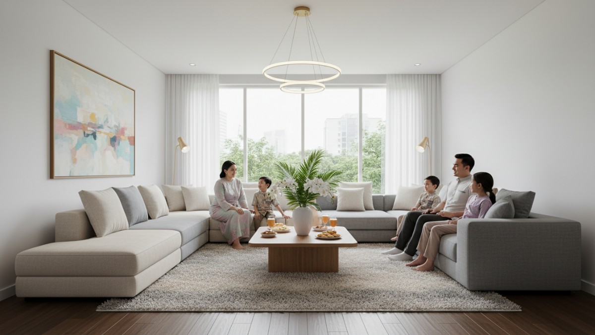 Ruang tamu modern dengan karpet netral menyambut Lebaran. 