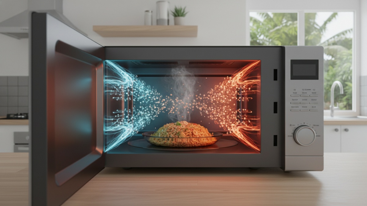 Close up makanan dalam microwave menunjukkan panas tidak merata.
