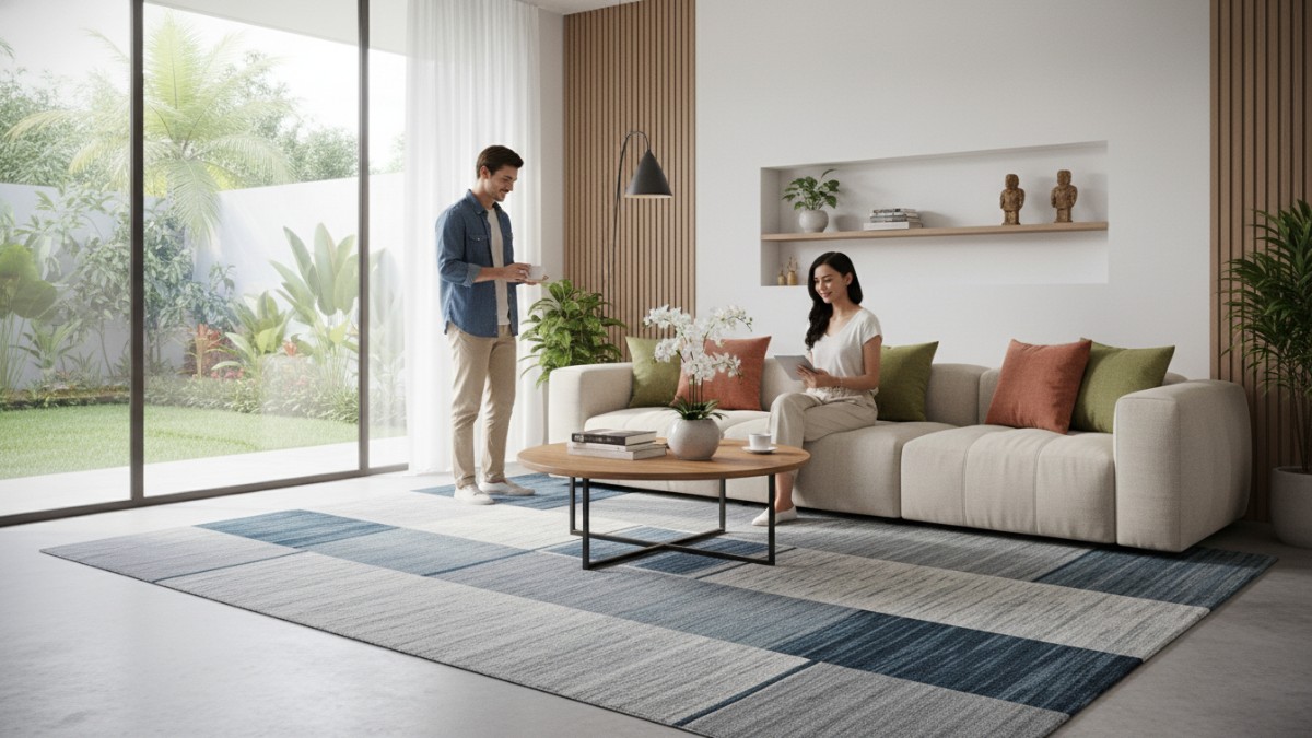 Ilustrasi karpet menyatukan area sofa dan meja tamu. 