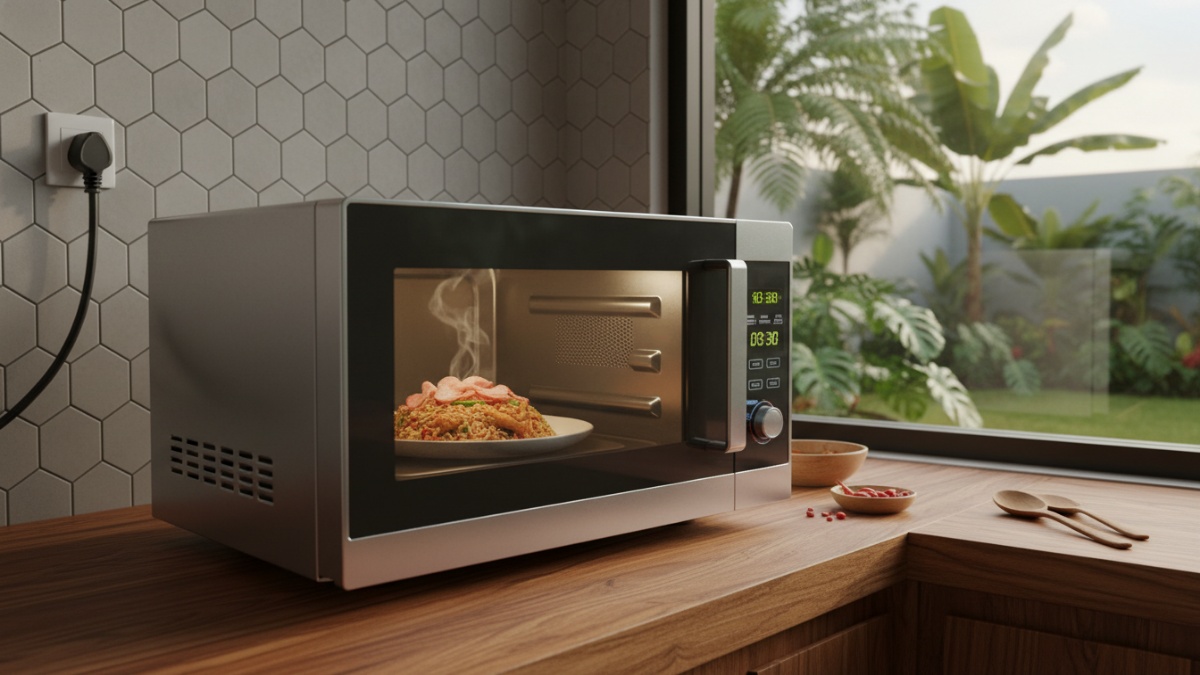 Pengaturan daya microwave 600 watt pada panel digital.