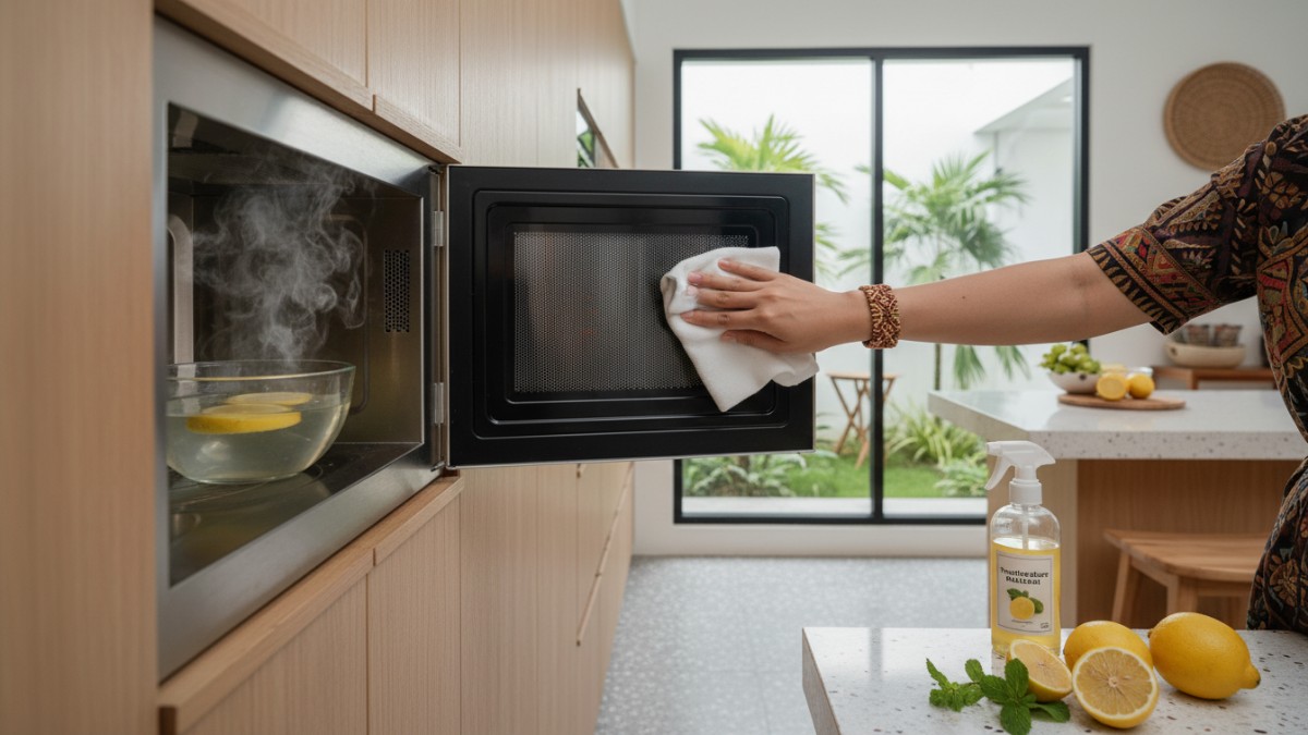 Membersihkan bagian dalam microwave dengan kain lembap.