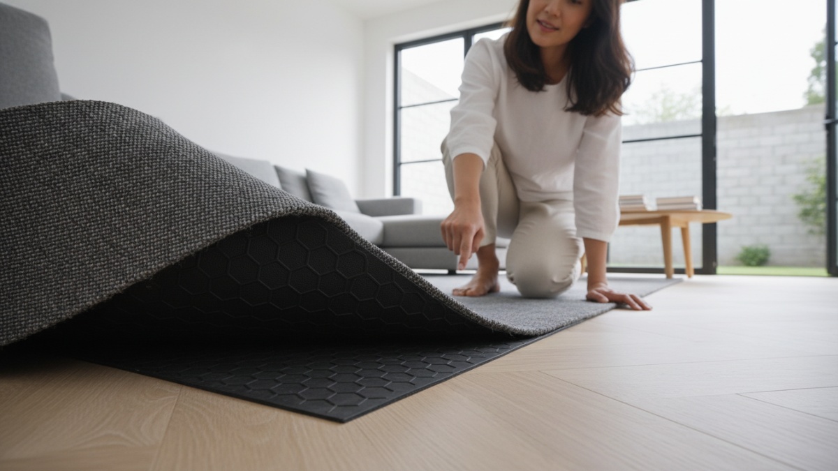 Detail lapisan anti-slip di bagian bawah karpet. 