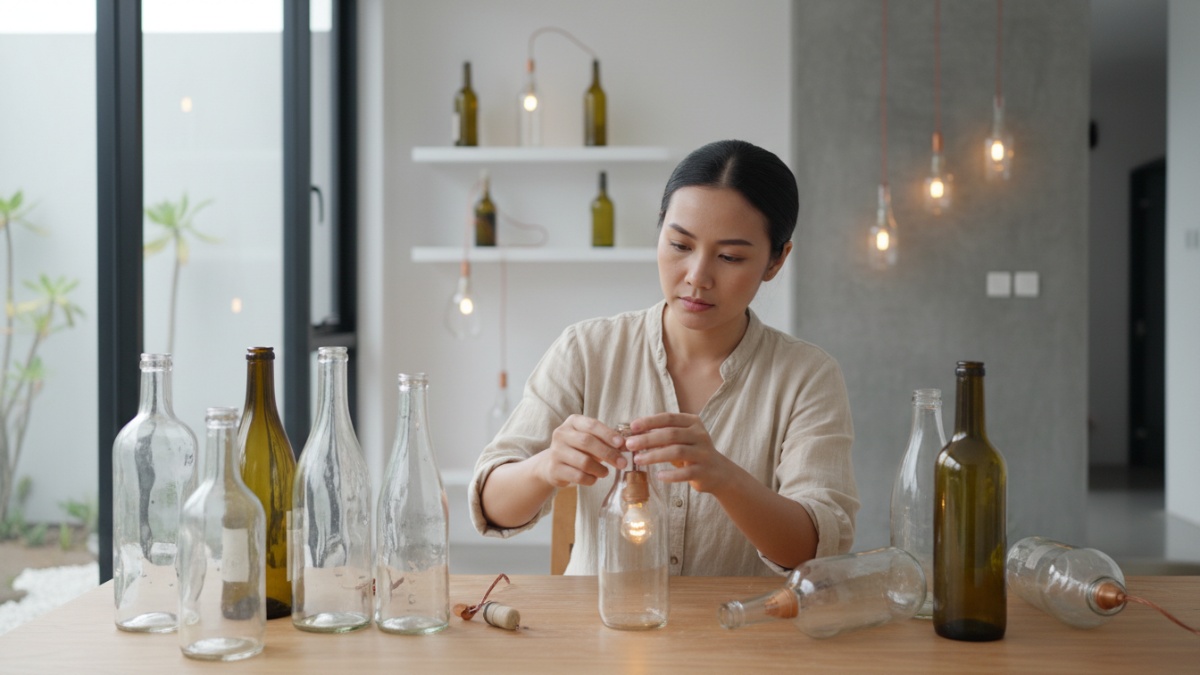 Proses memanfaatkan botol kaca bekas jadi lampu hias. 