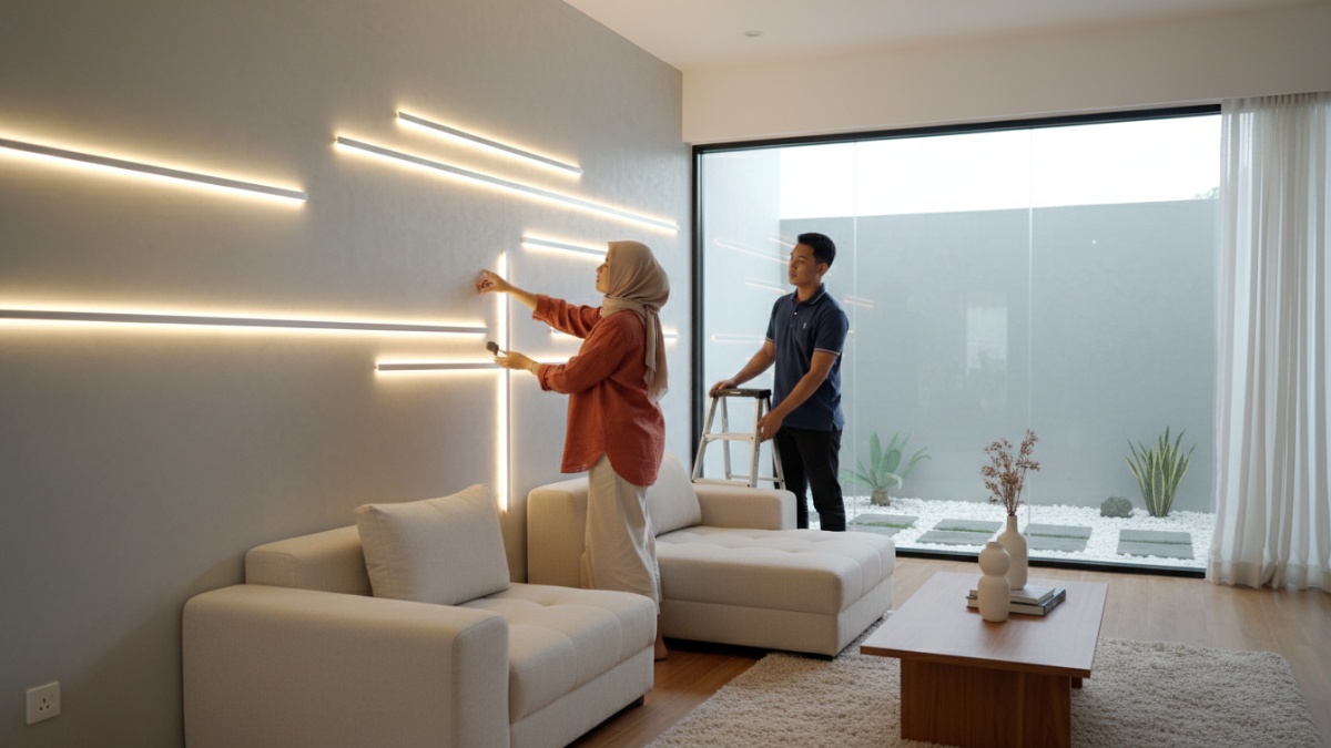 Instalasi lampu LED hemat energi di dinding ruang tamu. 