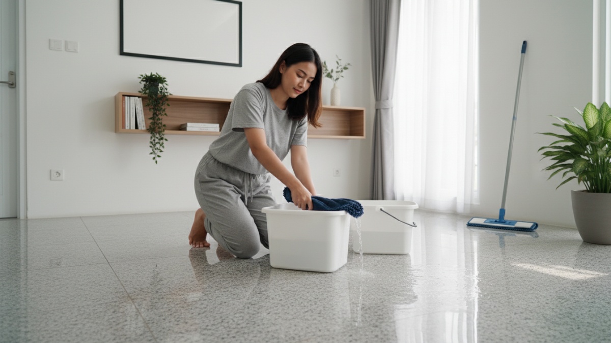 Teknik mengepel satu arah menggunakan mop microfiber.