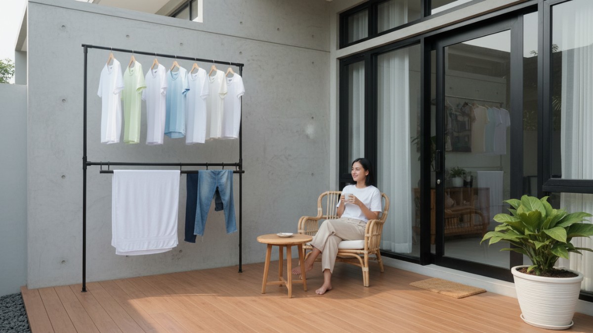 Teras rumah minimalis dengan jemuran vertikal rapi. 