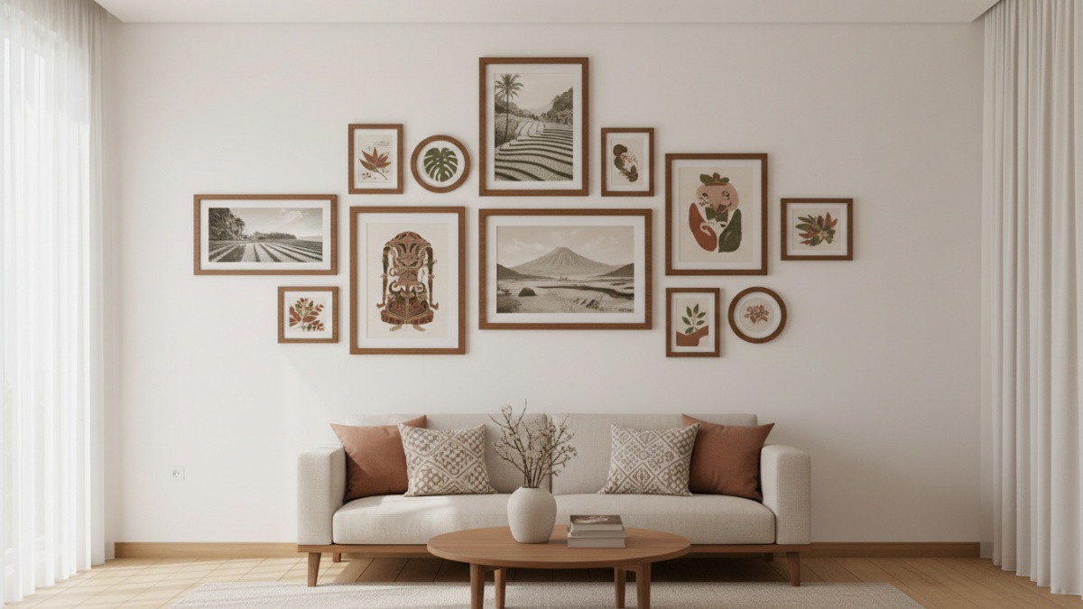Galeri frame tersusun rapi di atas sofa minimalis.