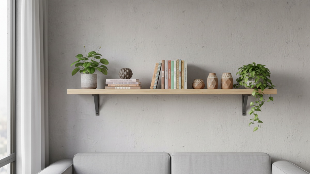Proses pemasangan floating shelf pada dinding ruang tamu.