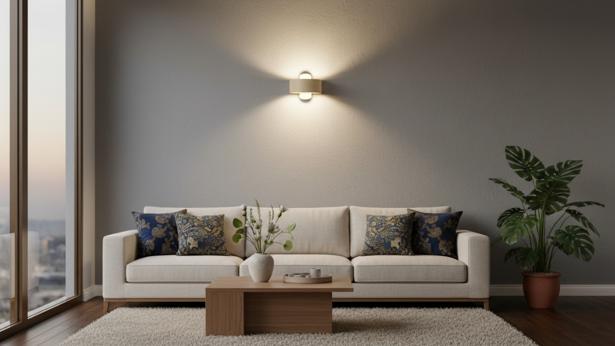 Wall lamp warm white memberi suasana hangat di ruang tamu.