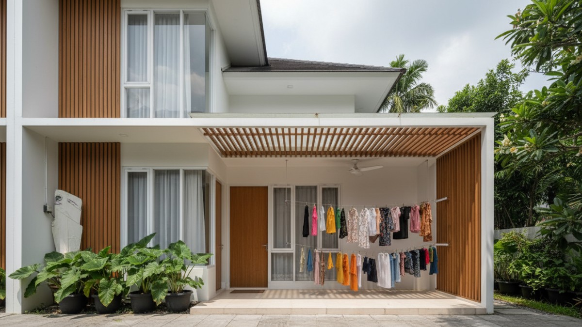 Teras rumah minimalis dengan jemuran lipat dinding rapi dan tanaman hias tropis.