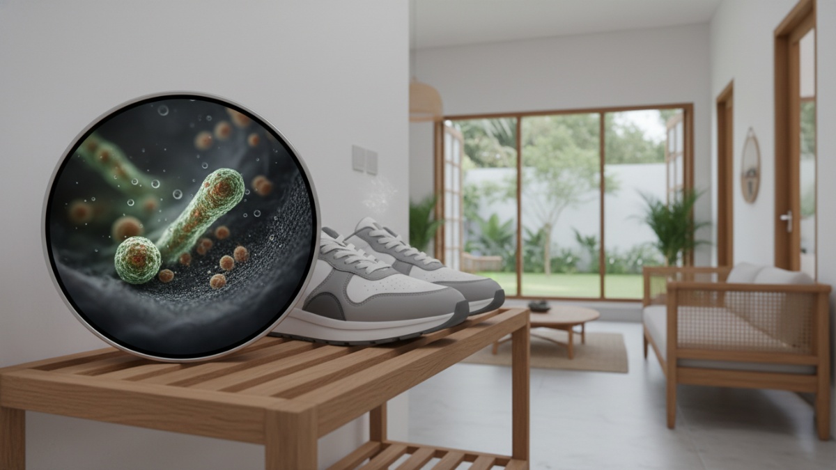 Ilustrasi bakteri berkembang di sepatu lembap.
