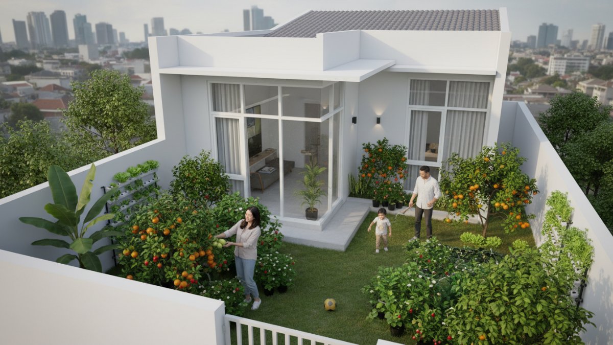 Deretan tabulampot buah di halaman rumah type 27 modern.