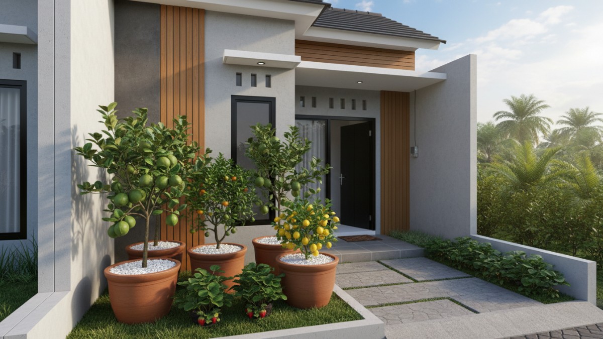 Contoh pot jambu kristal ukuran 50 cm di halaman sempit.