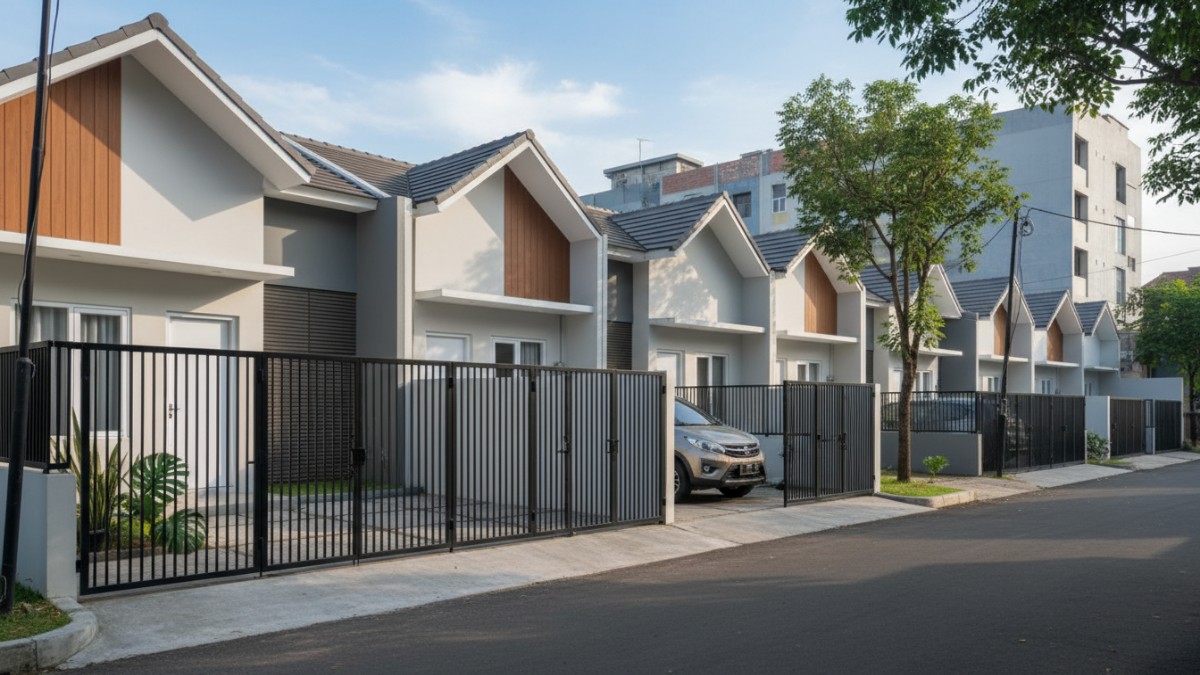 Model pagar sliding minimalis warna hitam doff pada rumah kecil modern.