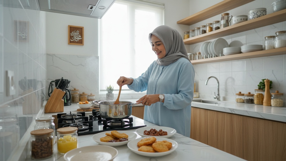 Ibu rumah tangga memasak menu berbuka di dapur saat Ramadhan.